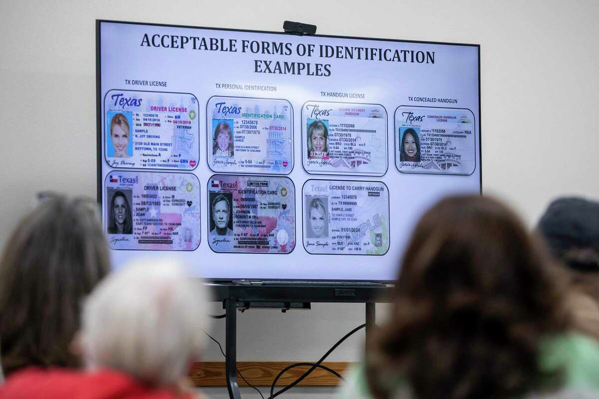 Acceptable forms of identification are shown during poll worker training Thursday, Oct. 20, 2022, at the Gillespie County Elections Department in Fredericksburg.