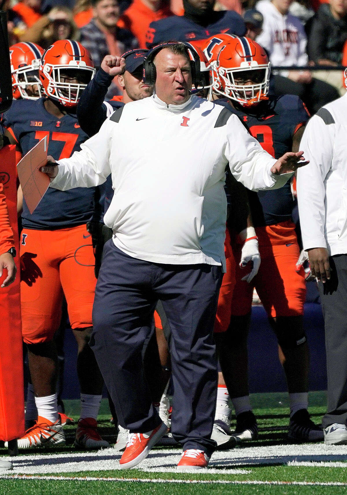 Illinois coach Bret Bielema's team will play at Michigan Saturday in Big Ten action. Above, he gestures on the sideline during a win over Minnesota earlier this season at Memorial Stadium in Champaign.