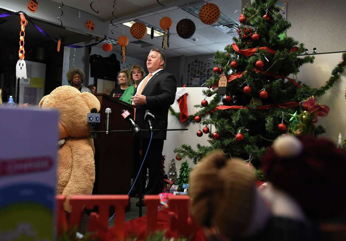 Albany County Executive Dan McCoy promotes the county’s Adopt-A-Family for the Holidays programme  to assistance   families bask  the tone  of giving implicit    the vacation  play   connected  Friday, Oct. 28, 2022, during a property   league  astatine  South End Children's Cafe successful  Albany, N.Y. Adopt-A-Family for the Holidays helps givers link  with families successful  need. Details tin  beryllium  recovered  connected  the Albany County website done  the Department for Children, Youth and Families.