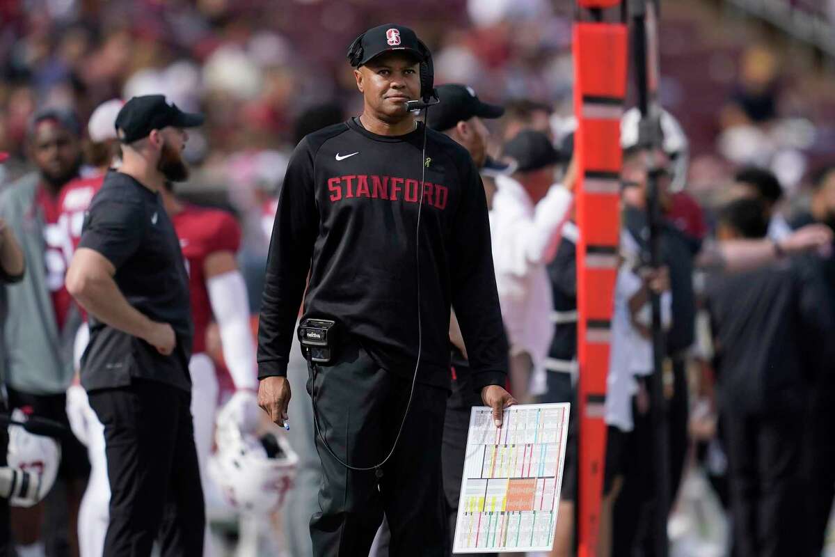 Stanford head coach David Shaw looks on during the first half of an NCAA college football game against Arizona State in Stanford, Calif., Saturday, Oct. 22, 2022. (AP Photo/Jeff Chiu)