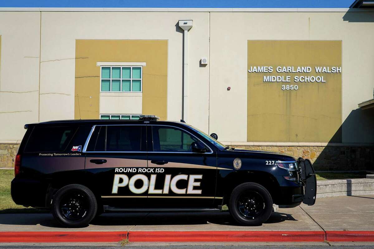 A Round Rock ISD vehicle is seen outside during a school safety active shooter training demonstration conducted July 11, 2022, by the Texas Commission on Law Enforcement at Walsh Middle School in Round Rock.