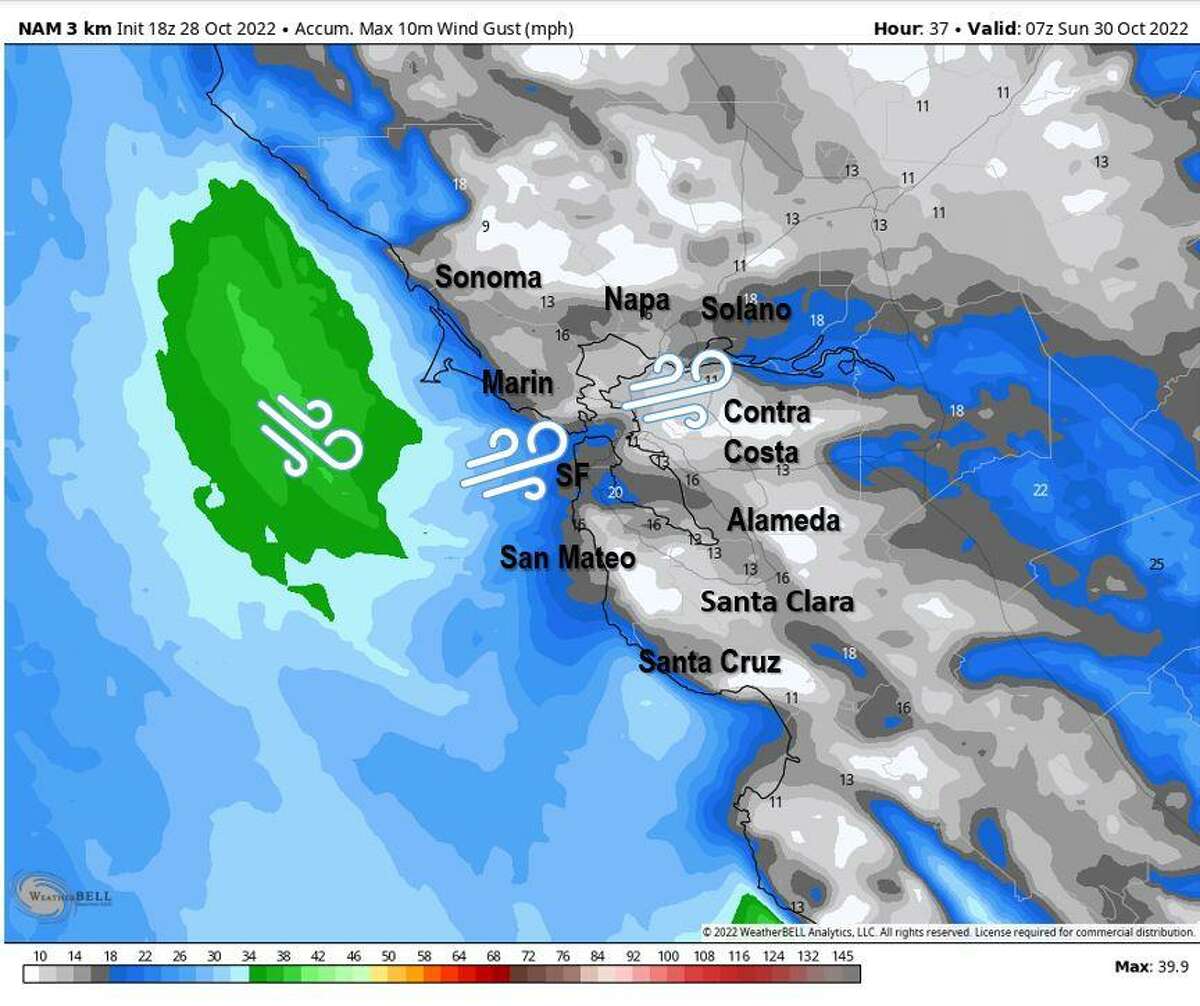 The projected path of coastal winds Saturday afternoon and evening result in some of the strongest 35- to 40-mph gusts near the Sonoma and Marin coasts, while 15- to 20-mph gusts into the Sacramento-San Joaquin Delta sweep.