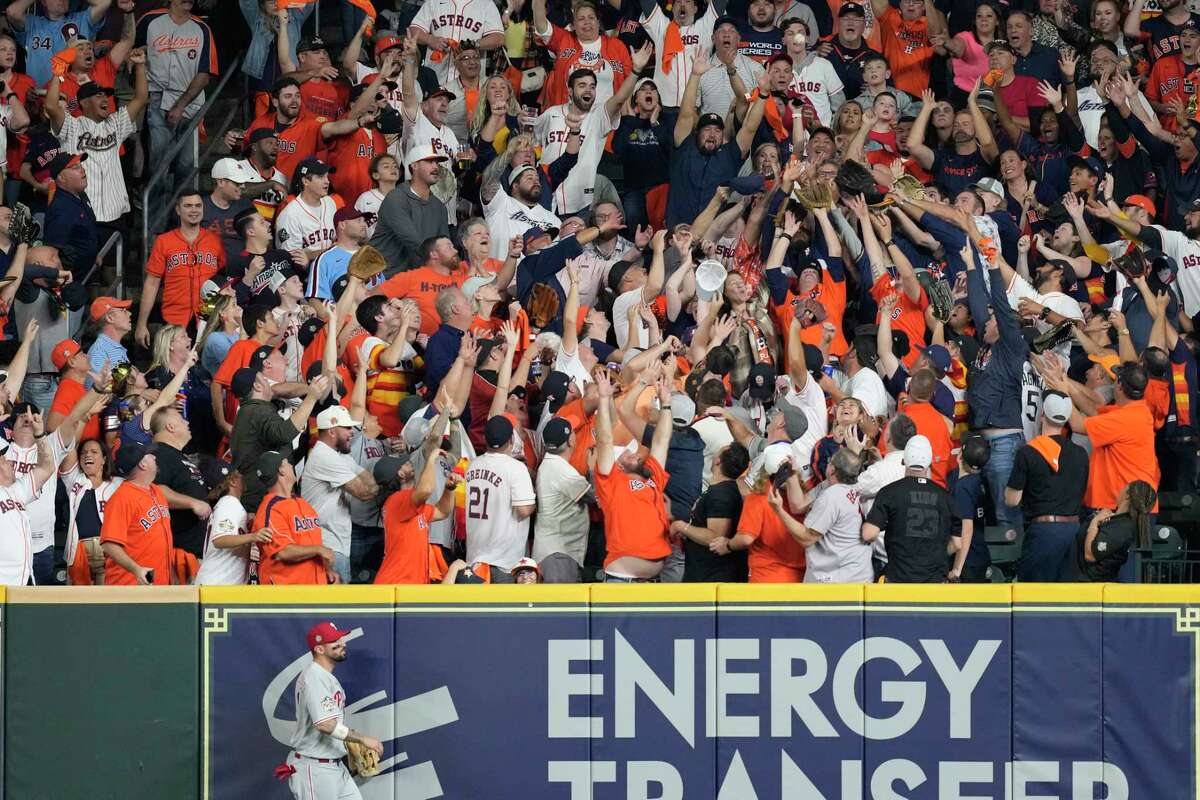 Astros fans greet Phillies fan decked out for World Series Game 1