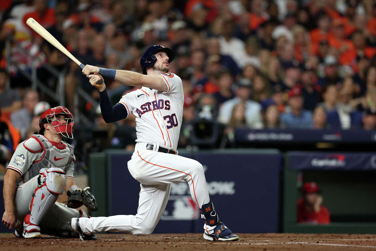 HOUSTON, TEXAS - OCTOBER 28: Kyle Tucker #30 of the Houston Astros hits a home run in the second inning against the Philadelphia Phillies in Game One of the 2022 World Series at Minute Maid Park on October 28, 2022 in Houston, Texas. (Photo by Sean M. Haffey/Getty Images)