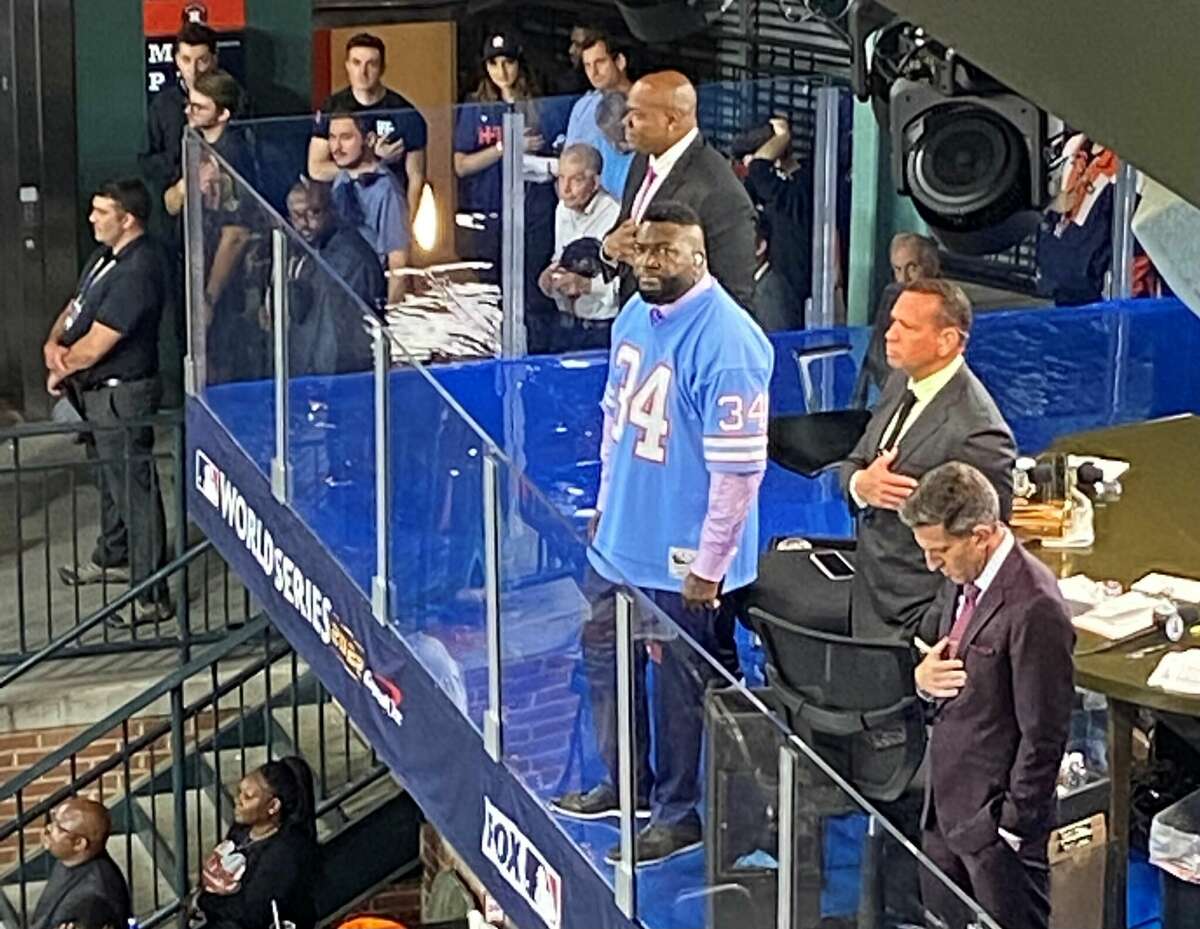 David Ortiz wearing an Earl Campbell Houston Oilers throwback jersey on the Fox pregame show before Game 1 of the World Series on Friday, Oct. 28, 2022 at Minute Maid Park.