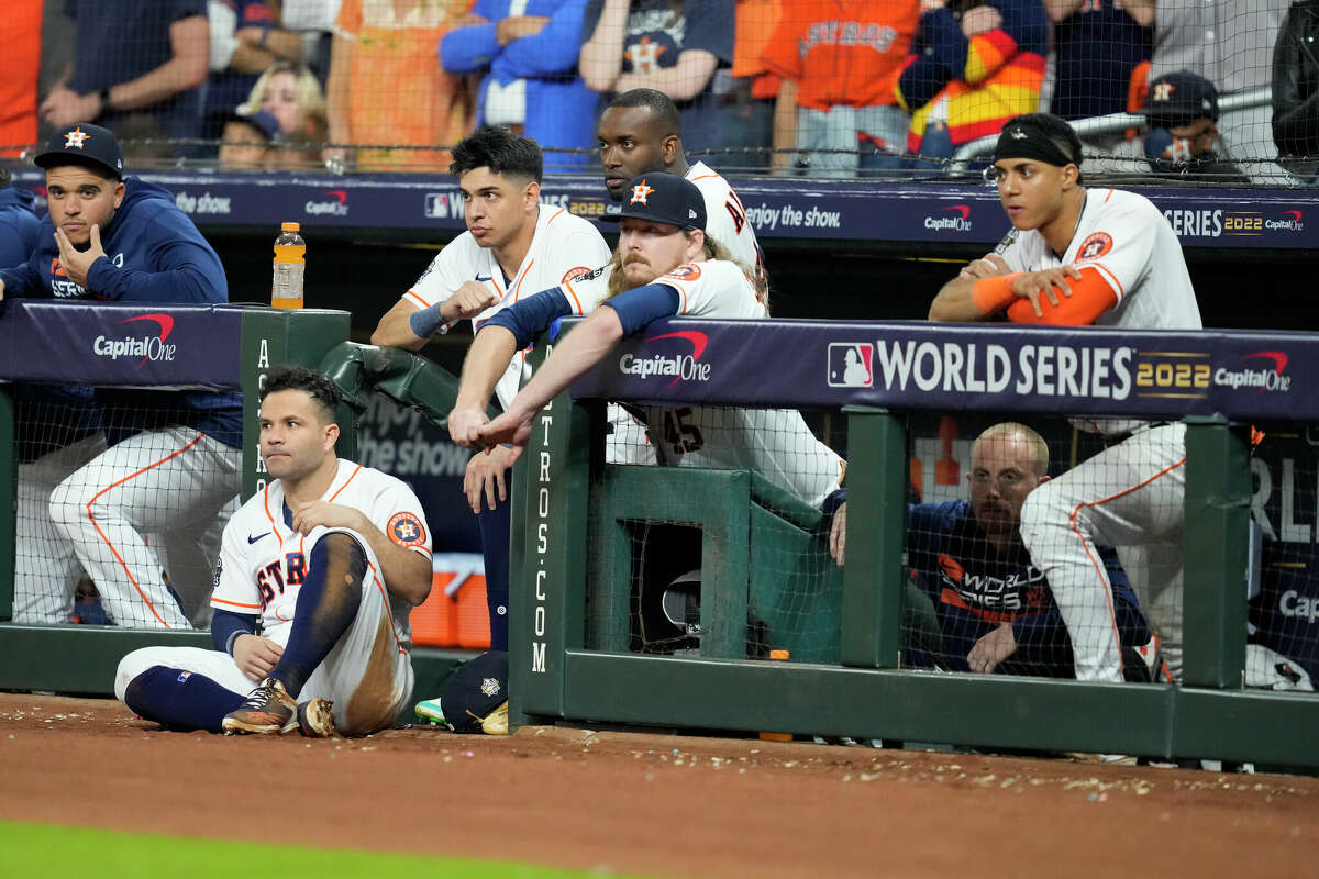 Houston Astros react after the Philadelphia Phillies take a 6-5 win after 10th innings in Game 1 of the World Series at Minute Maid Park on Friday, Oct. 28, 2022, in Houston.