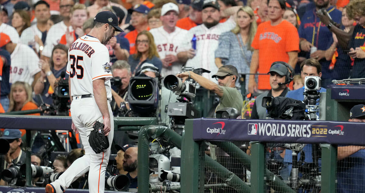 Houston Astros starting pitcher Justin Verlander (35) walks down to the dugout after striking out Philadelphia Phillies Nick Castellanos to end the top of the fifth inning during Game 1 of the World Series at Minute Maid Park on Friday, Oct. 28, 2022, in Houston.