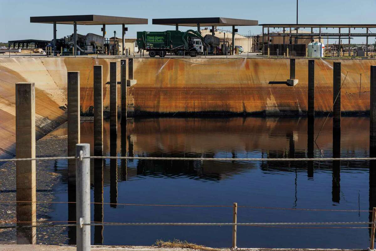 Sewage sits in a flow equalization basin before being filtered through the full wastewater treatment process at the Steven M. Clouse Water Recycling Center in San Antonio, Texas, Friday, Oct. 21, 2022.