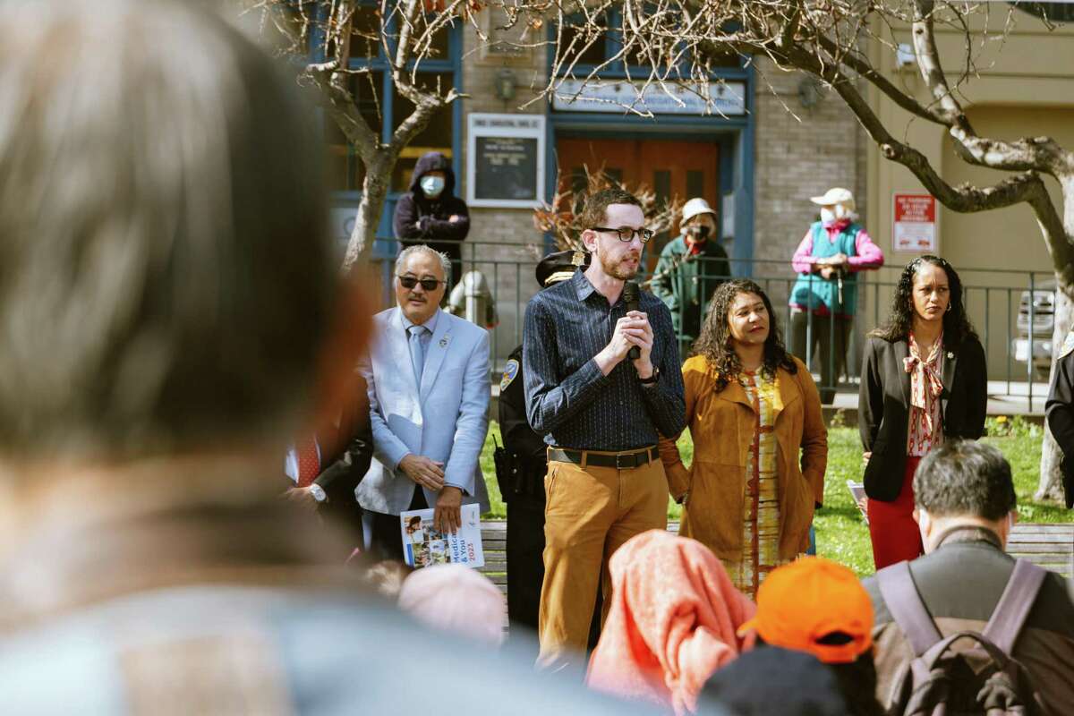 Senator Scott Wiener speaks to the public as Mayor London Breed and District Attorney Brooke Jenkins look on at the District Attorney’s annual Chinatown Safety Resources Fair in San Francisco on Saturday, Oct. 29, 2022.