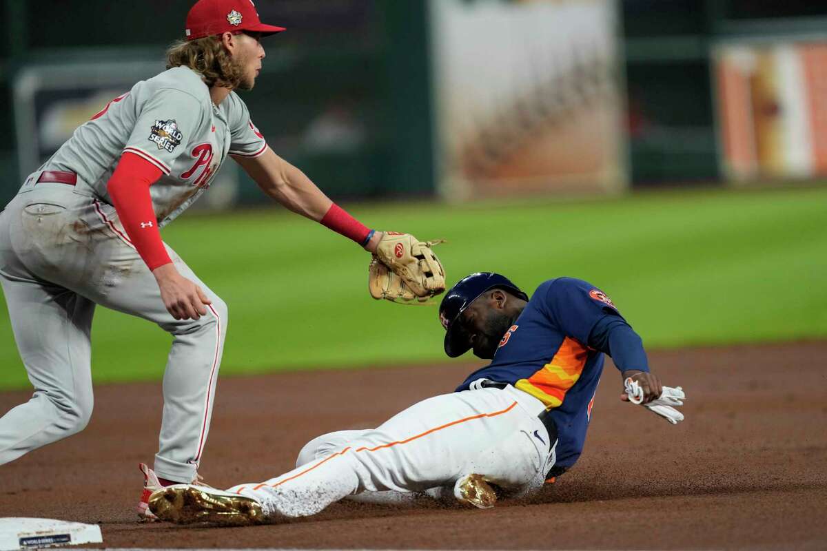 Good baserunning by Yordan Alvarez, during the first and fifth innings, led to the Astros tacking on extra runs in Saturday's Game 2 of the World Series against the Phillies.