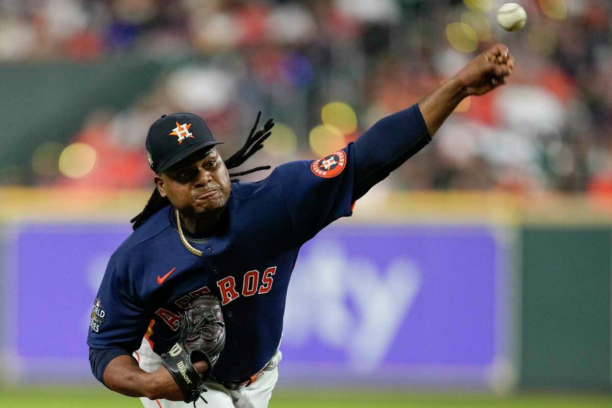 Houston Astros starting pitcher Framber Valdez (59) strikes out Philadelphia Phillies Edmundo Sosa in the third inning during Game 2 of the World Series at Minute Maid Park on Saturday, Oct. 29, 2022, in Houston.