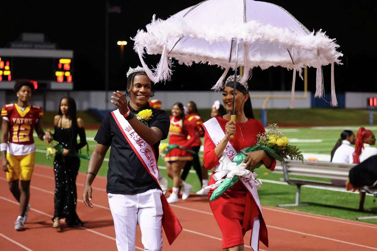 Yates Homecoming King & Queen Montreal Jefferson & Briana Webber during halftime processions at a District 11-4A Division I high school football game between the Wheatley Wildcats and the Yates Lions at Barnett Stadium in Houston, TX on Friday, October 29, 2022.
