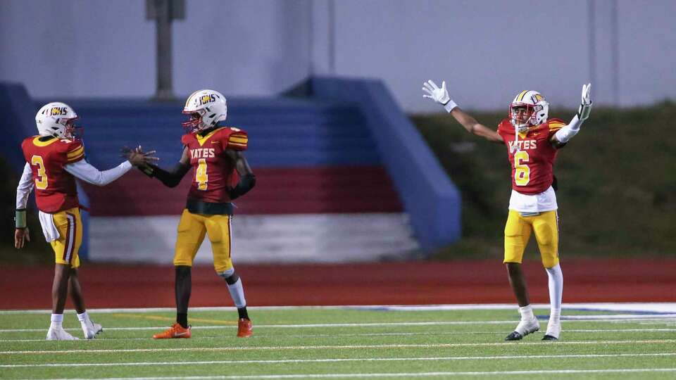 Yates Jaquan Brandon (3) celebrates a long touchdown run in the final minutes of a District 11-4A Division I high school football game between the Wheatley Wildcats and the Yates Lions at Barnett Stadium in Houston, TX on Friday, October 29, 2022.