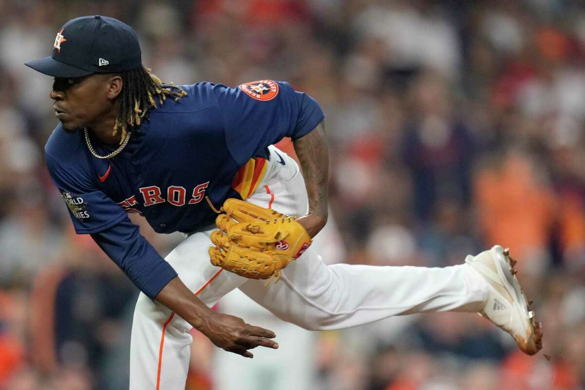 Houston Astros relief pitcher Rafael Montero (47) delivers in the eighth inning during Game 2 of the World Series at Minute Maid Park on Saturday, Oct. 29, 2022, in Houston.