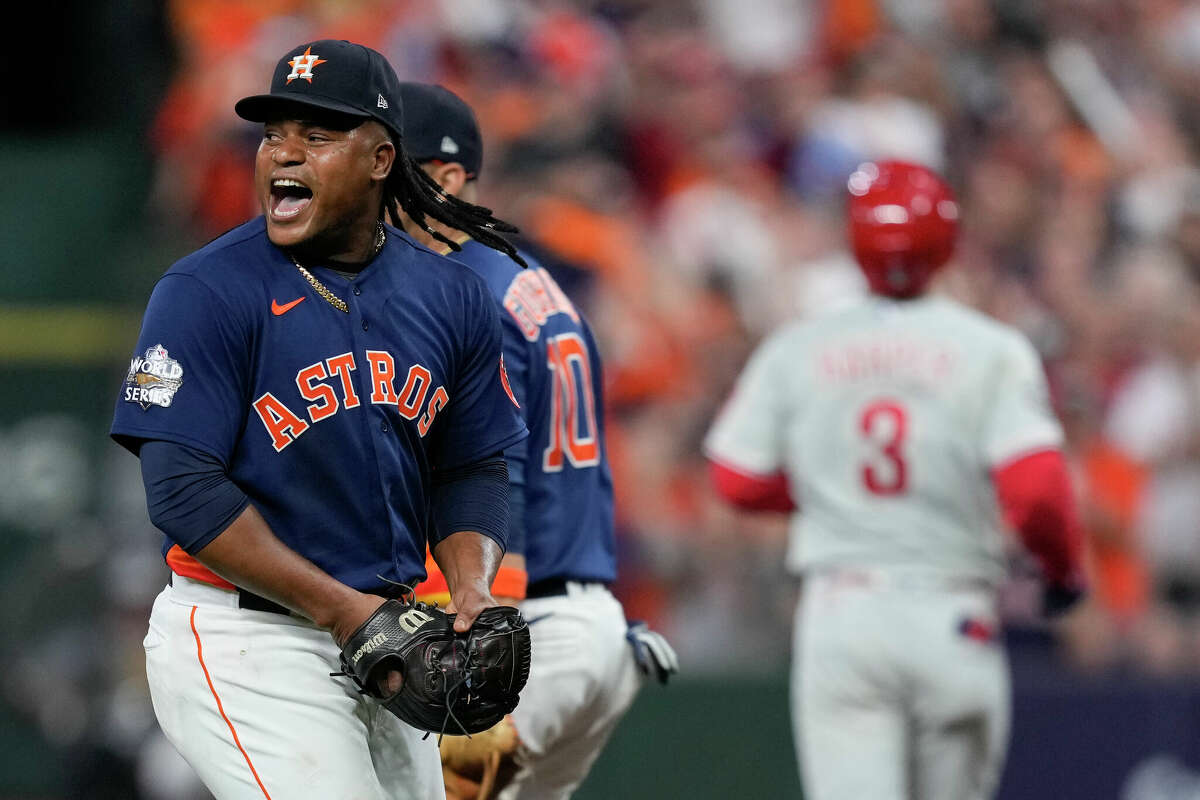 Houston Astros starting pitcher Framber Valdez (59) reacts after Philadelphia Phillies designated hitter Bryce Harper hit into a double play to end the top of the sixth inning during Game 2 of the World Series at Minute Maid Park on Saturday, Oct. 29, 2022, in Houston.