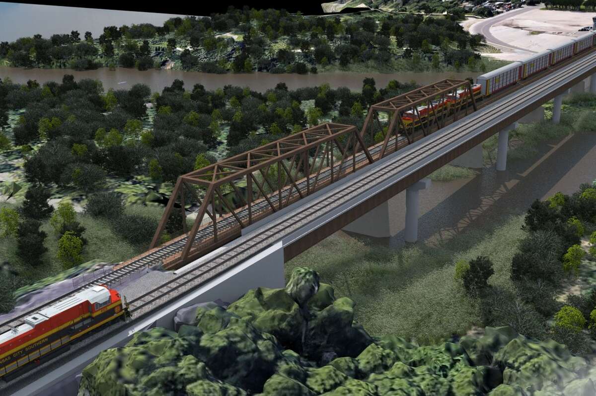 Kansas City Southern will break ground Monday, Oct. 31, 2022, on a second span of the new international bridge in Laredo south of Zaragoza Street and on the east side of the tracks. Pictured is a rendering of the project.
