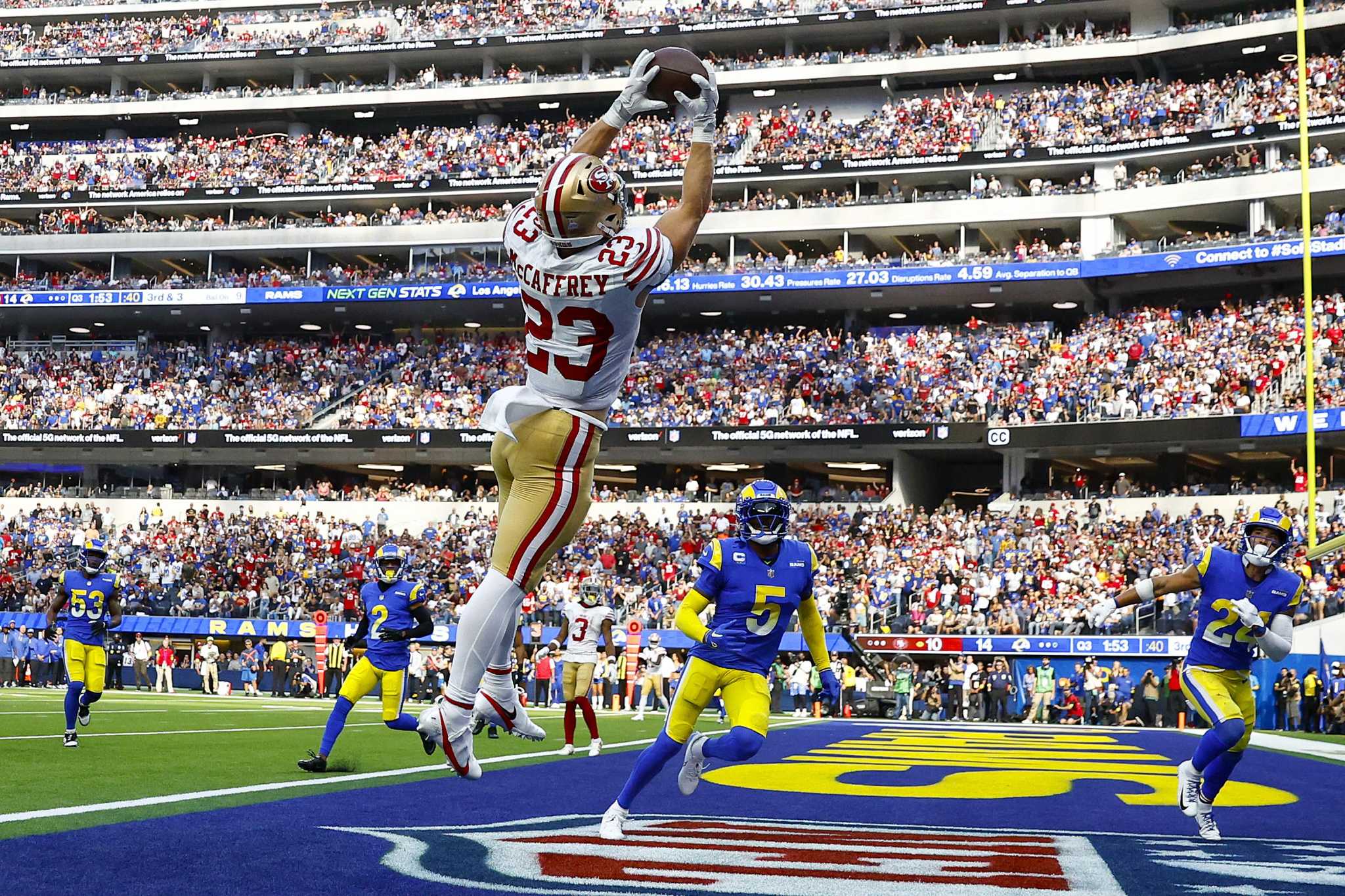 Christian McCaffrey of the San Francisco 49ers works out during News  Photo - Getty Images