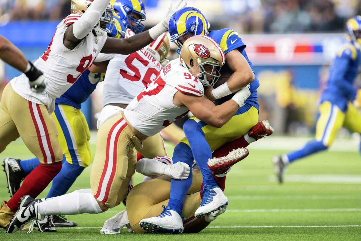 San Francisco 49ers defensive end Nick Bosa (97) reacts during an NFL  football game against the Los Angeles Rams, Sunday, Oct. 30, 2022, in  Inglewood, Calif. (AP Photo/Kyusung Gong Stock Photo - Alamy