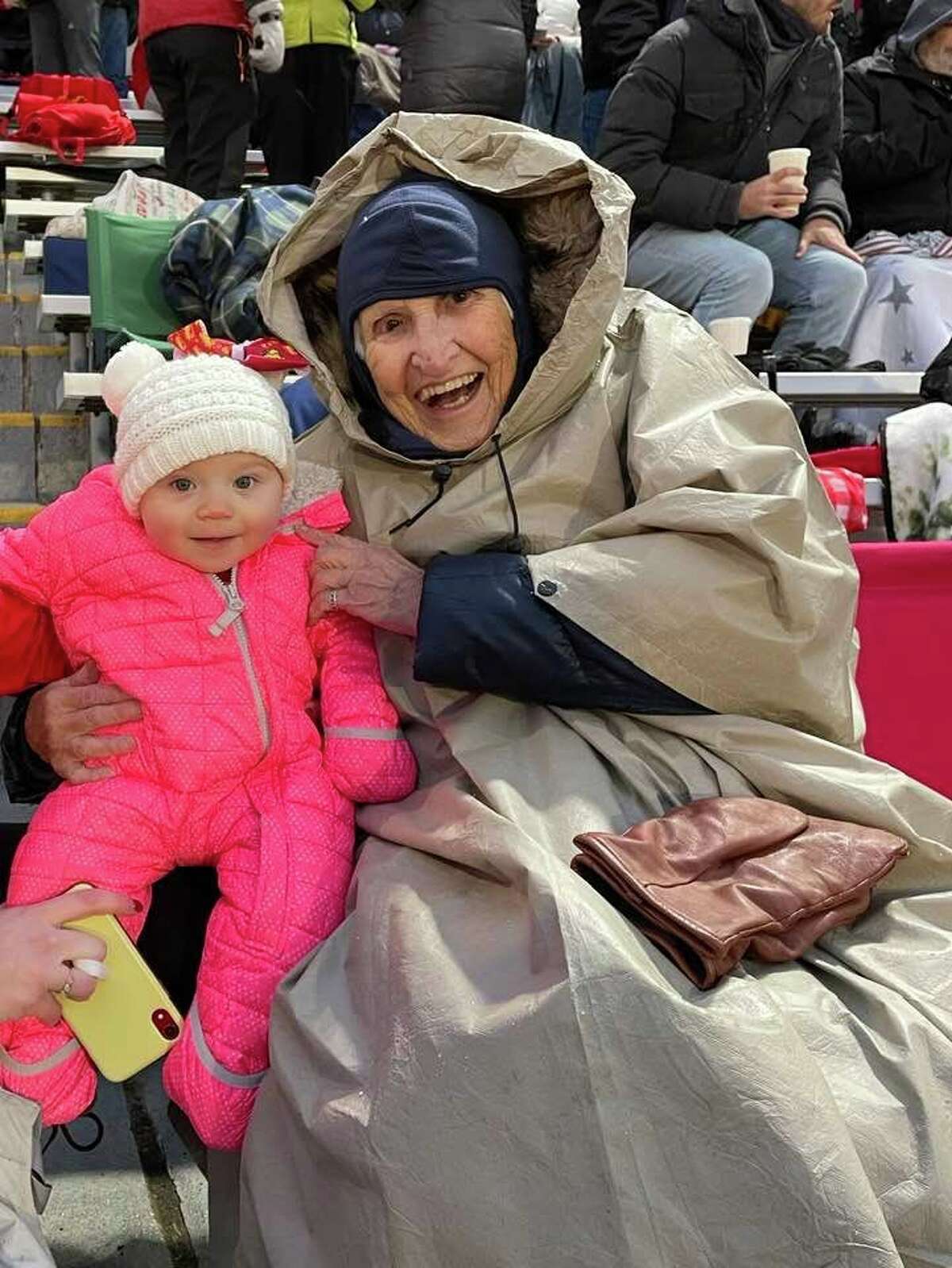 The oldest and youngest Ferris football fan?  Bette Hartig enjoys a moment with the granddaughter of Vicki Boonstra, who was a Bulldog player's parent from last year.