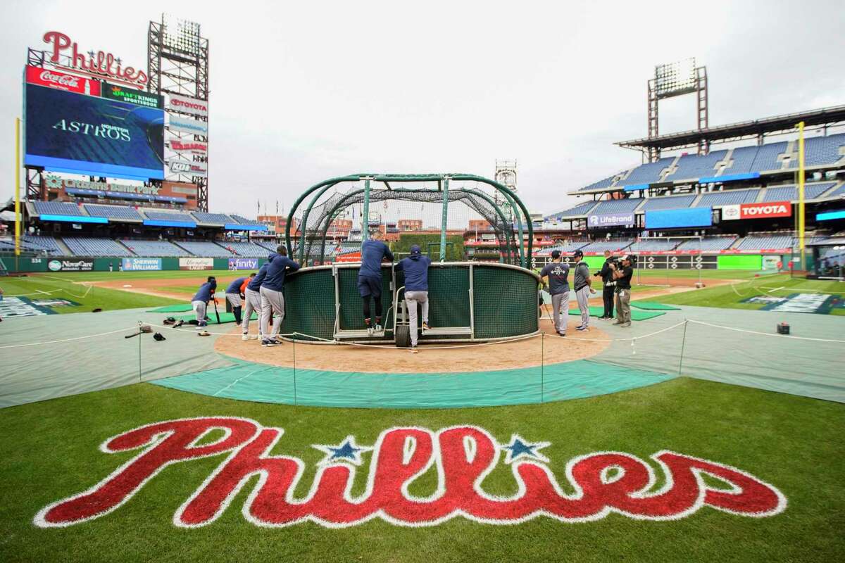 Houston Astros take early batting practice due to weather before Game 3 of the World Series at Citizens Bank Park on Monday, Oct. 31, 2022, in Philadelphia.