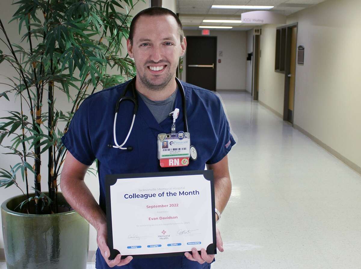 Evan Davidson, a registered nurse in the intensive care unit at Jacksonville Memorial Hospital, is the hospital's Colleague of the Month for September.