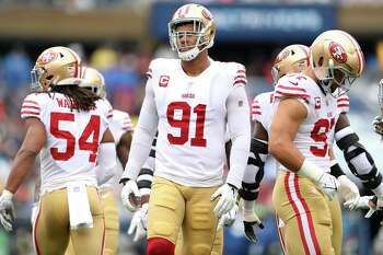 SANTA CLARA, CA - JANUARY 22: San Francisco 49ers defensive end Arik  Armstead (91) runs onto the field before the NFL NFC Divisional Playoff game  between the Dallas Cowboys and San Francisco