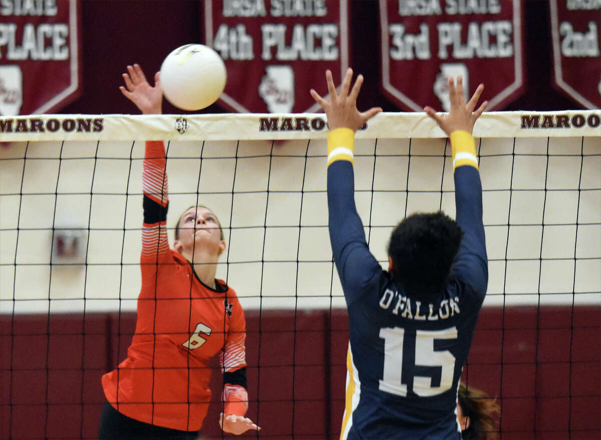 Edwardsville's Vyla Hupp with an attack against O'Fallon on Monday in the Class 4A Normal Community Sectional semifinals at Belleville West High School in Belleville.