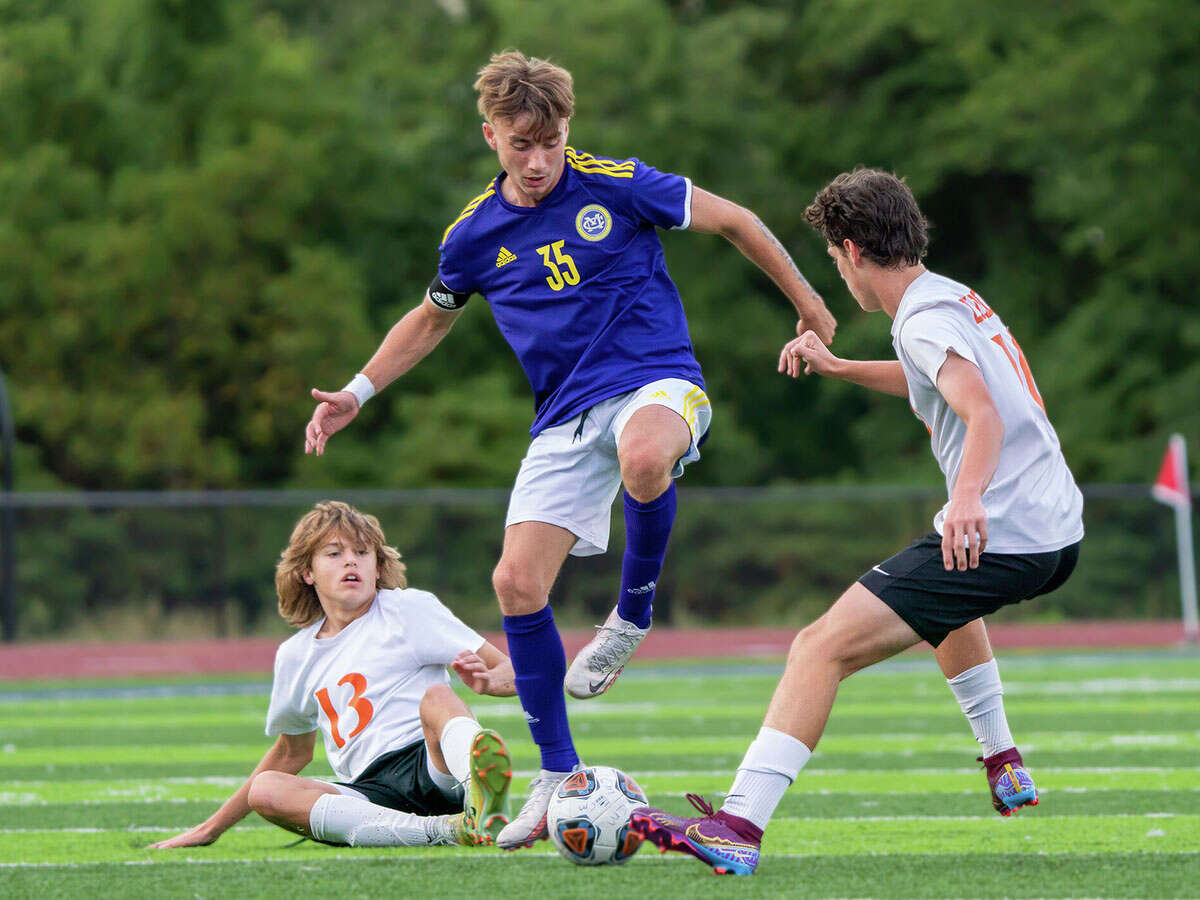 Civic Memorial's Bryce Davis (35) has been named to the Illinois High School Soccer Coaches Association All-State team. Davis, shown in action this season against Waterloo, scored 61 goals to lead the St. Louis area.