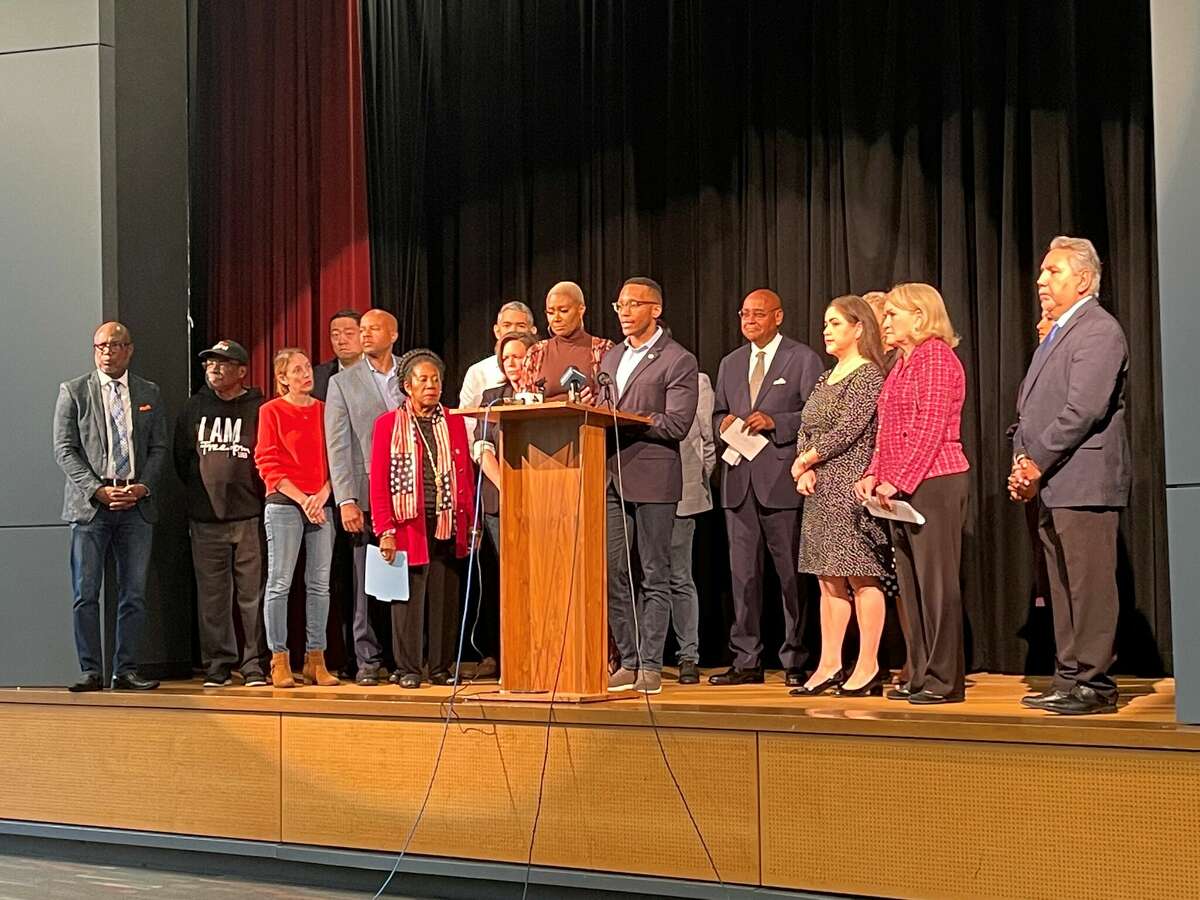 Houston lawmakers condemn a racially divisive election mailer at Emancipation Park in Houston on Nov. 1, 2022.