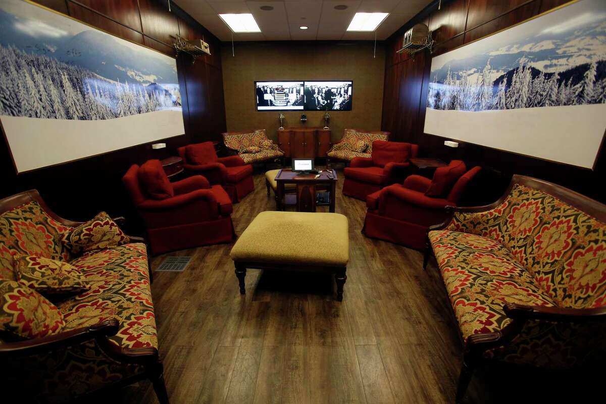 A conference room decorated to look like a rail car is seen at Rackspace Technology Inc.’s offices in 2014.