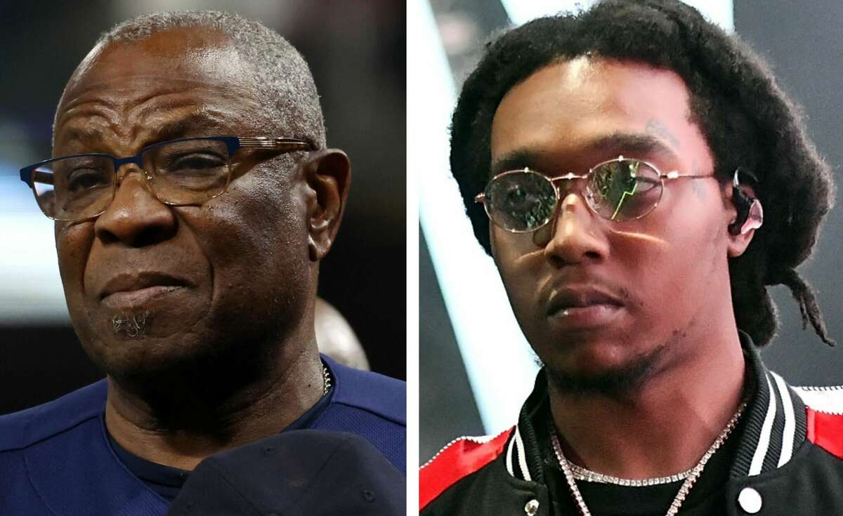 Houston Astros' manager Dusty Baker (left) said he listened to Migos before heading to the ballpark for Game 3 of the World Series in honor of Takeoff (right), who was killed in Houston early Tuesday, Nov. 1, 2022.