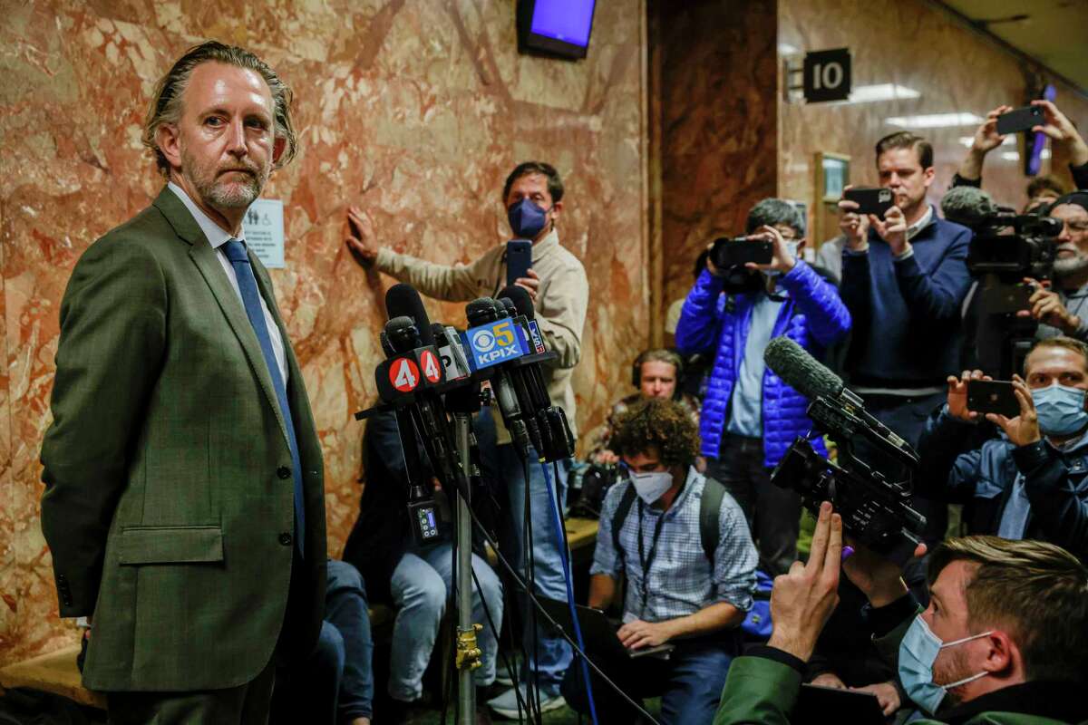 Public Defender to David DePape, Adam Lipson, addresses members of the media after DePape’s arraignment in San Francisco, Calif. on Tuesday, Nov. 1, 2022. Lipson said DePape pleaded not guilty to attempted murder and other charges in his first court appearance.