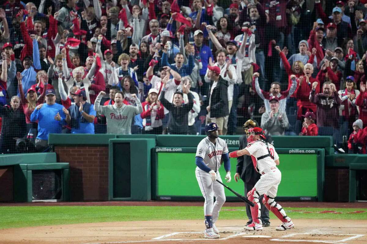 Philadelphia Phillies fans cheer after starting pitcher Ranger Suarez strikes out Houston Astros Yordan Alvarez to end the top of the first inning during Game 3 of the World Series at Citizens Bank Park on Tuesday, Nov. 1, 2022, in Philadelphia.