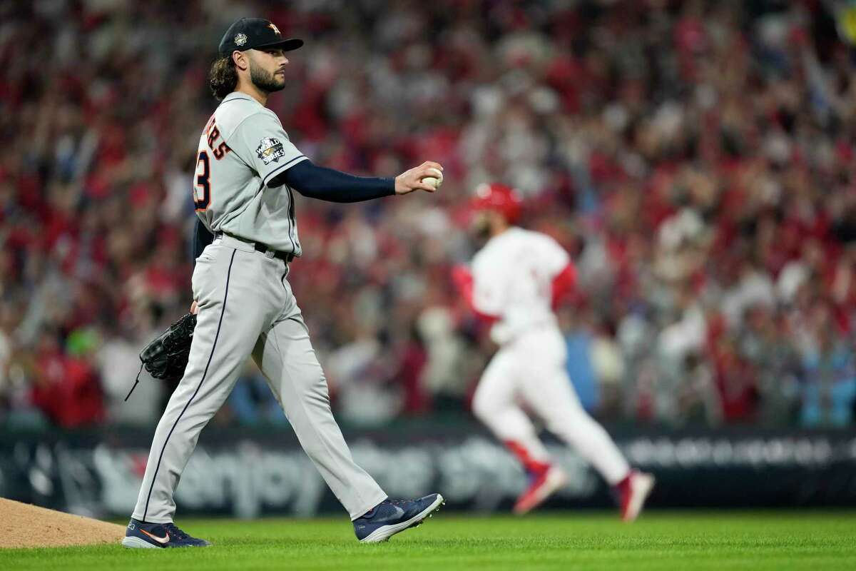 Houston Astros starting pitcher Lance McCullers Jr. (43) reacts as Philadelphia Phillies designated hitter Bryce Harper runs the bases after giving up a 2-run home run in the first inning during Game 3 of the World Series at Citizens Bank Park on Tuesday, Nov. 1, 2022, in Philadelphia.
