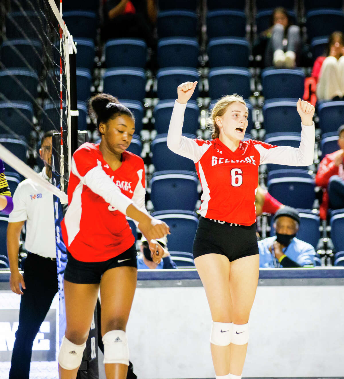 Bellaire Lady Cardinals Amanda Roberts #8 reacts after a point during the first set of action at a high school volleyball, Region III-6A bi-district playoffs Bellaire vs Jersey Village at Delmar Field House in Houston, TX, November 1, 2022. Bellaire Lady Cardinals defeated Jersey Village Lady Falcons 3-1 sets.