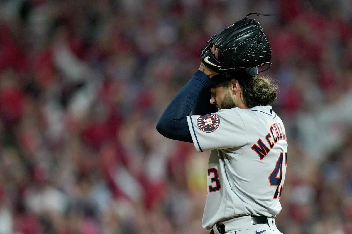 Houston Astros starting pitcher Lance McCullers Jr. (43) hides his face with his glove after giving up a solo home run to Philadelphia Phillies Rhys Hoskins in the fifth inning during Game 3 of the World Series at Citizens Bank Park on Tuesday, Nov. 1, 2022, in Philadelphia.