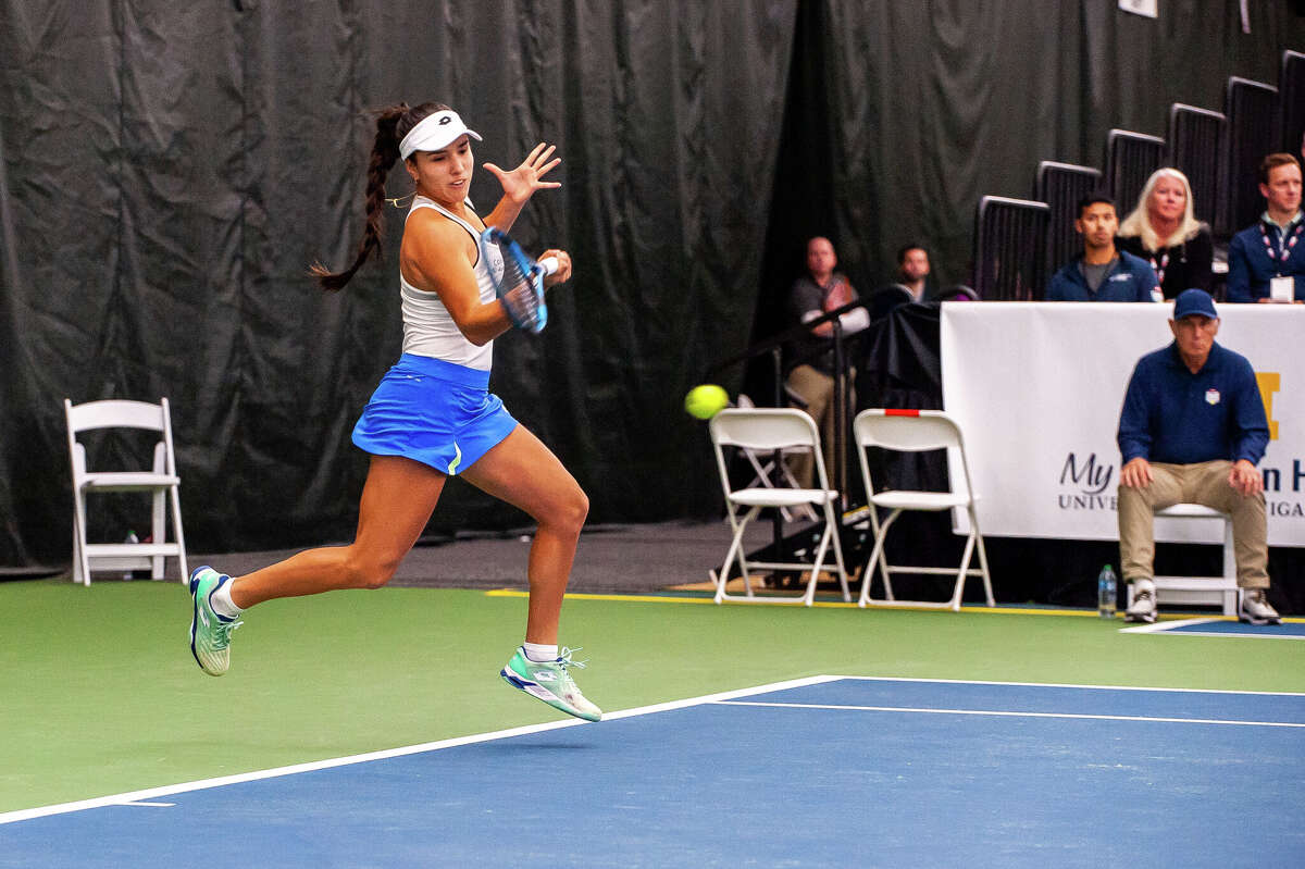 Tennis player Camila Osorio swings at the Dow Tennis Classic on November 1, 2022 in Midland.
