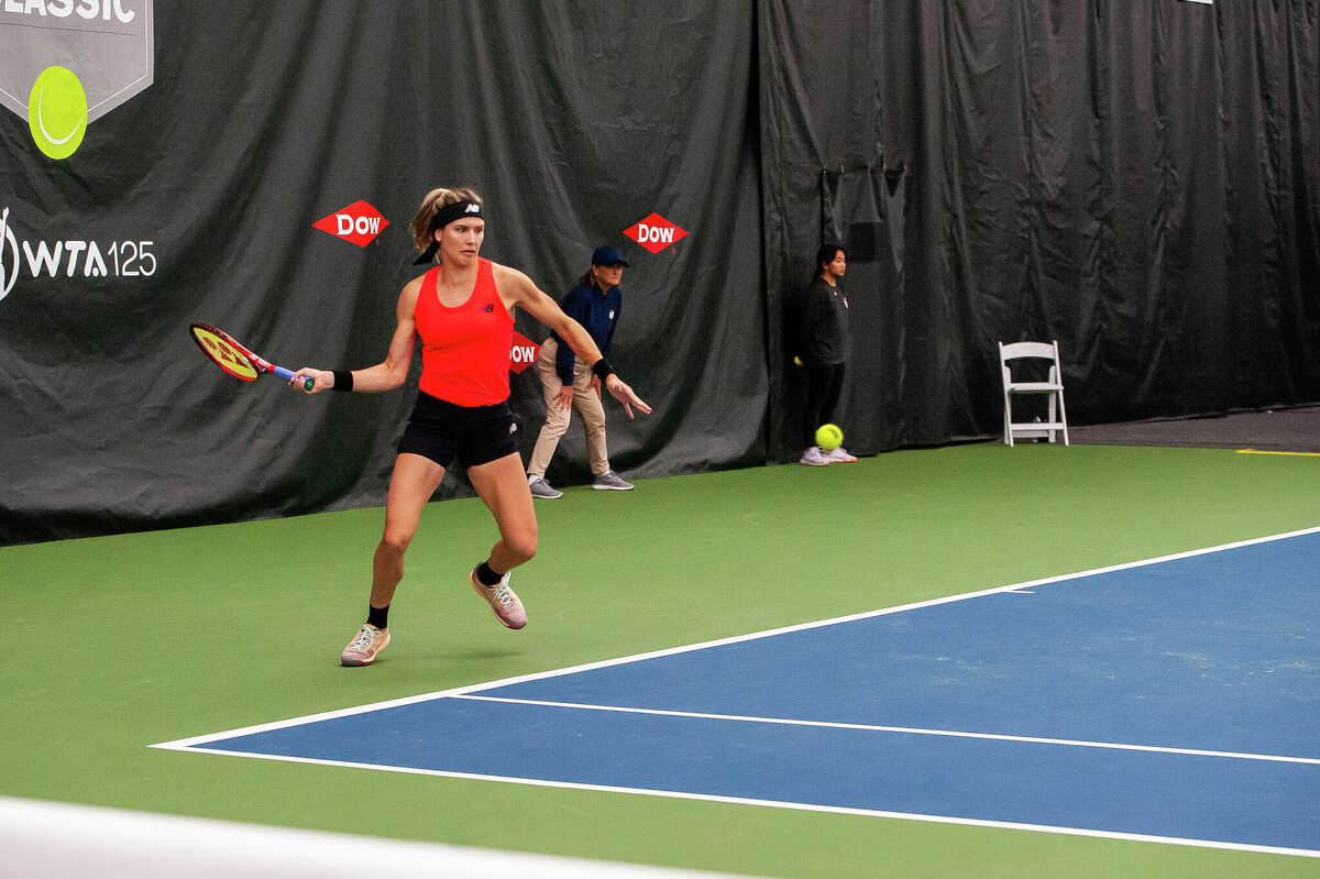 Tennis player Eugenie Bouchard swings at the Dow Tennis Classic on November 1, 2022 in Midland.