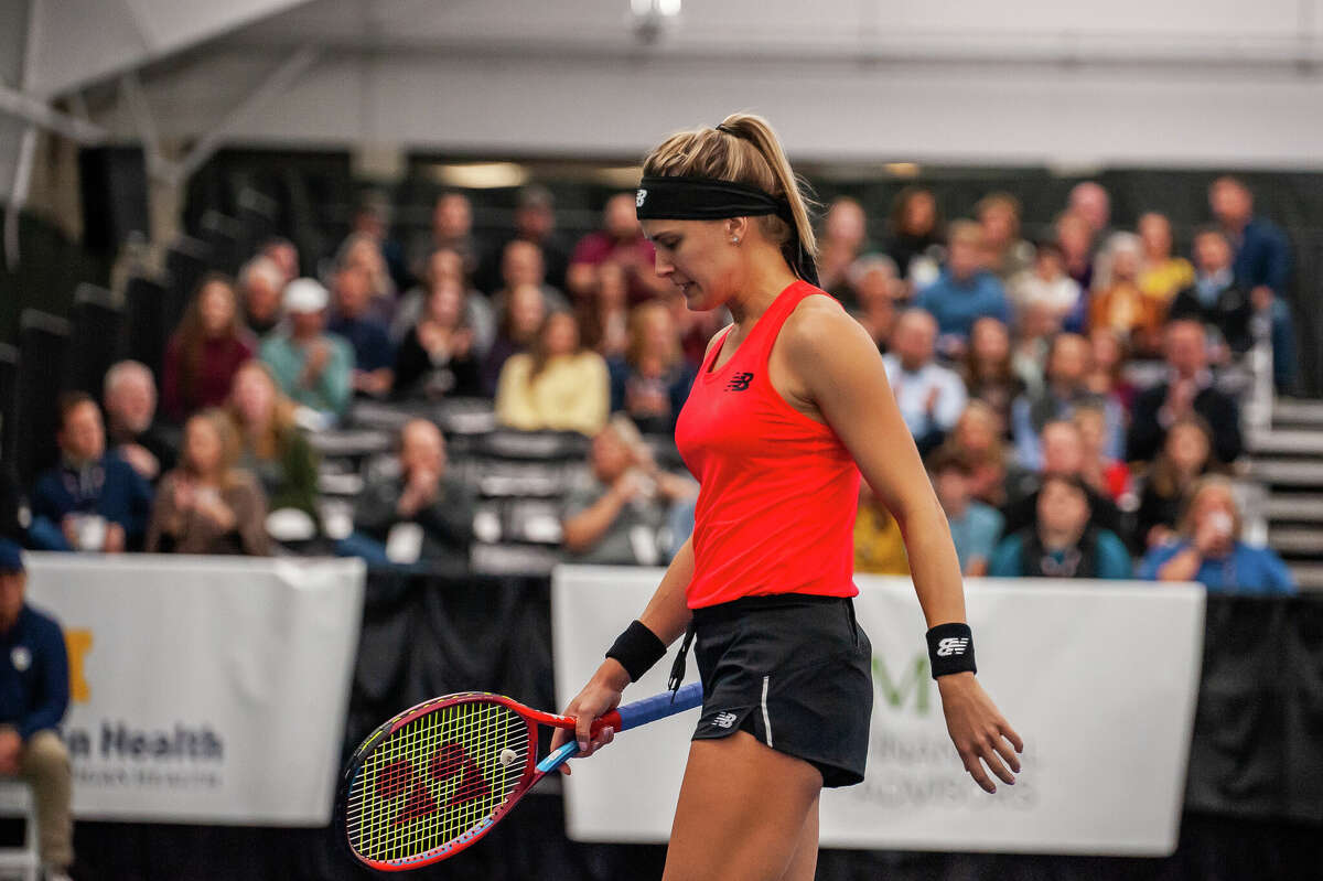 Tennis player Eugenie Bouchard swings at the Dow Tennis Classic on November 1, 2022 in Midland.