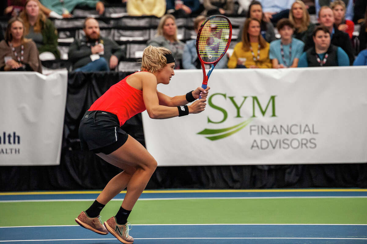 Tennis player Eugenie Bouchard swings at the Dow Tennis Classic on November 1, 2022 in Midland.