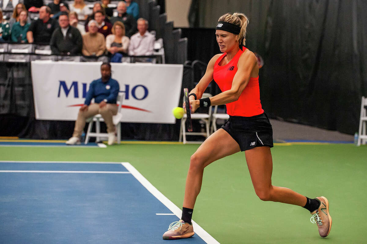Tennis player Eugenie Bouchard swings at the Dow Tennis Classic on November 1, 2022 in Midland.