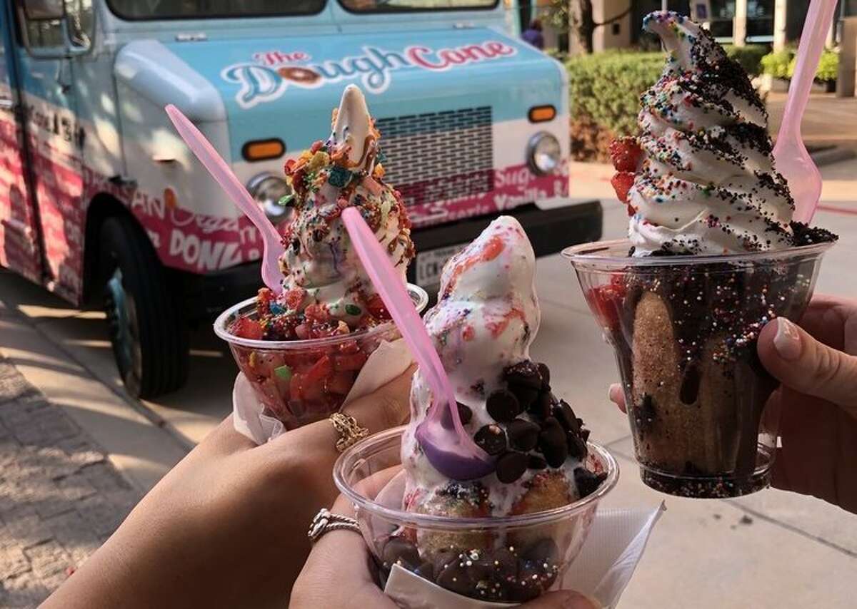 A trio of ice creams from The DoughCone food truck in Houston. The mobile sweet shop serves its ice cream in doughnut cones made using a 300-year-old recipe.