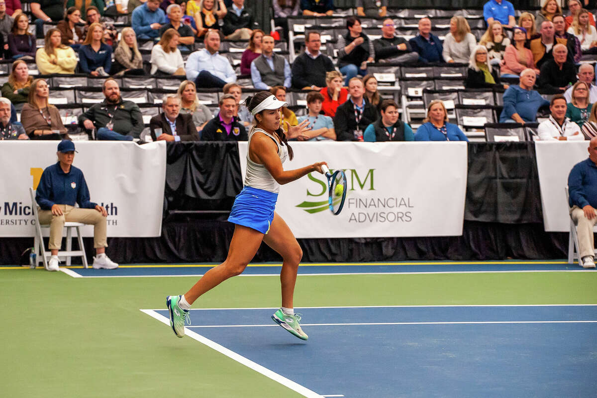 Tennis player Camila Osorio swings at the Dow Tennis Classic on November 1, 2022 in Midland.