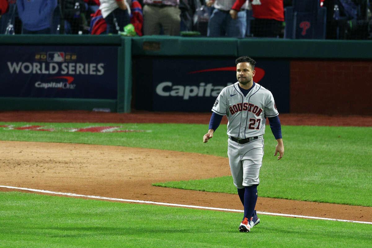 Jose Altuve #27 of the Houston Astros reacts after getting out against the Philadelphia Phillies during the fifth inning in Game Three of the 2022 World Series at Citizens Bank Park on November 01, 2022 in Philadelphia, Pennsylvania.