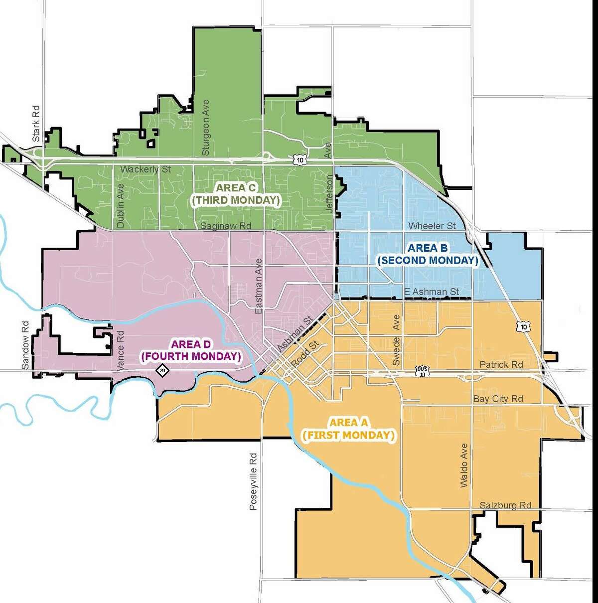 This map shows the four designated collection areas of the City of Midland. Curbside leaf collection began in Area B on Oct. 31 and will then proceed to Area C, Area D and Area A.