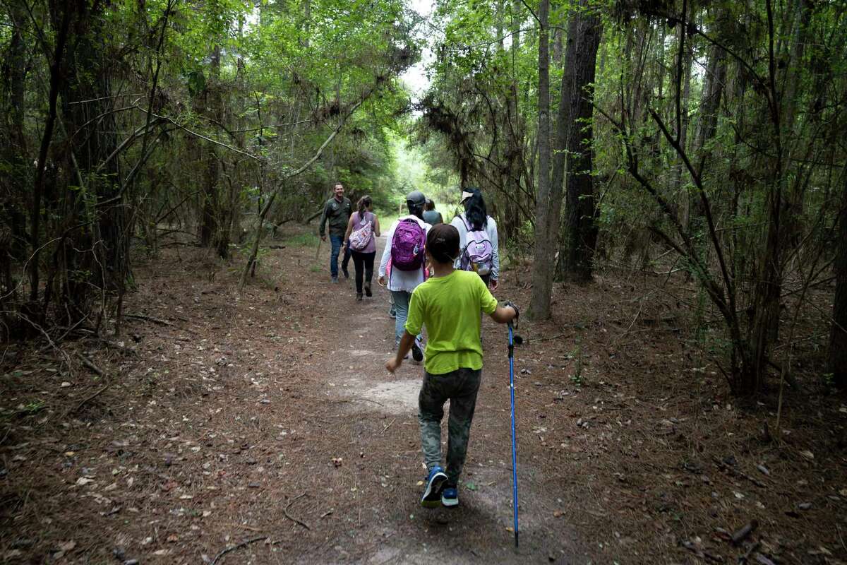Families walk through the wetland loop during a one-mile guided hike around the Spring Creek Greenway Nature Center in 2021. The Woodlands Township Board of Directors approved an interlocal agreement with Harris County last month for the pathway improvements through the George Mitchell Nature Preserve.