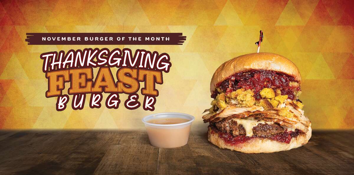 A promotional photo of the Thanksgiving Feast Burger at Hubcap Grill.