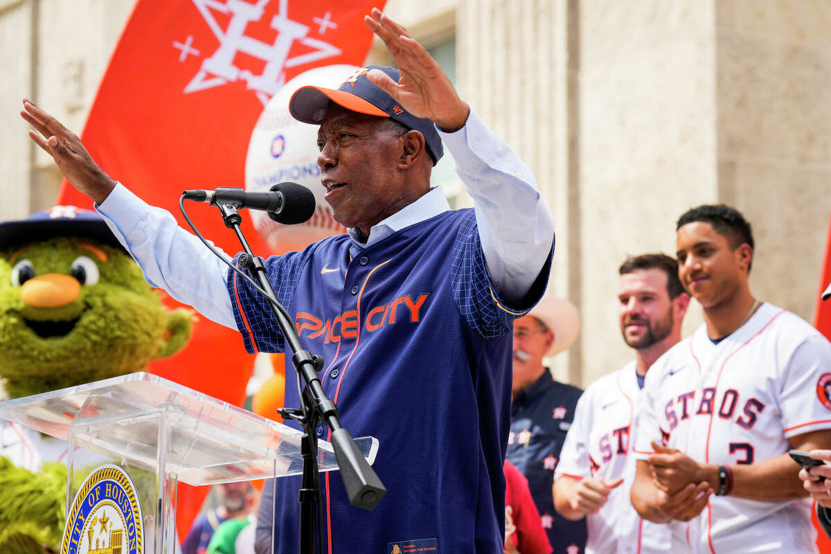 Mayor Sylvester Turner speaks an Astros Playoff Rally at City Hall Friday, Oct. 7, 2022 in Houston. The Astros open the MLB playoffs next Tuesday at home against the winner of the Wild Card series between the Seattle Mariners and the Toronto Blue Jays.