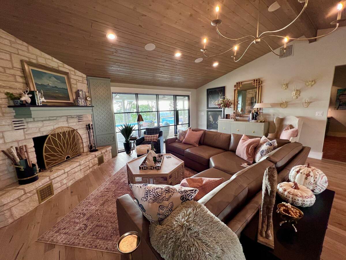 The angled fireplace in the living room is one of the few design elements kept in place during the renovation.