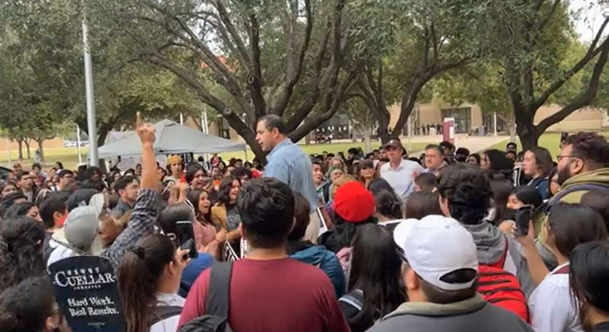 Rep. Henry Cuellar speaks in front of a crowd at TAMIU in Laredo on Wednesday, Nov. 2, 2022.